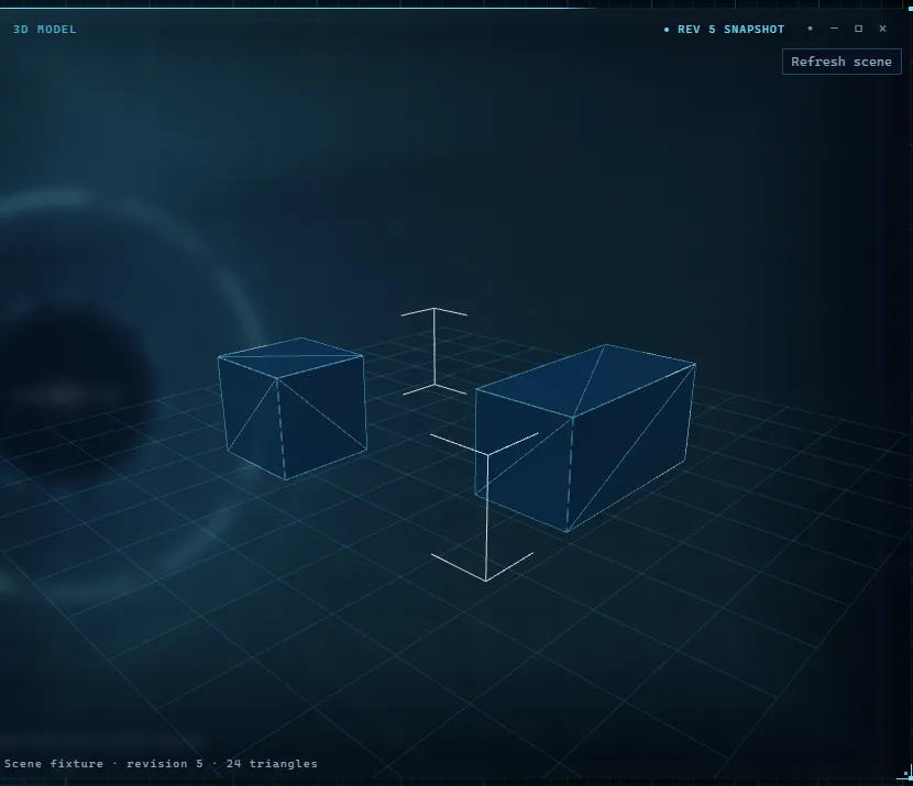 A 3D model widget in the HUD showing two wireframe boxes on a grid, labelled scene fixture, revision 5, 24 triangles.