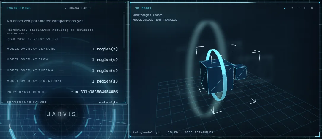 Two HUD panels: an engineering panel marked unavailable that lists calculated model overlays, and a 3D model widget with a wireframe cube assembly.