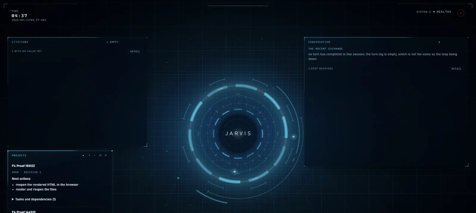 The JARVIS HUD at idle: a circular core in the centre, a citations widget and a projects widget on the left, and a conversation widget on the right stating that no turn has completed yet.