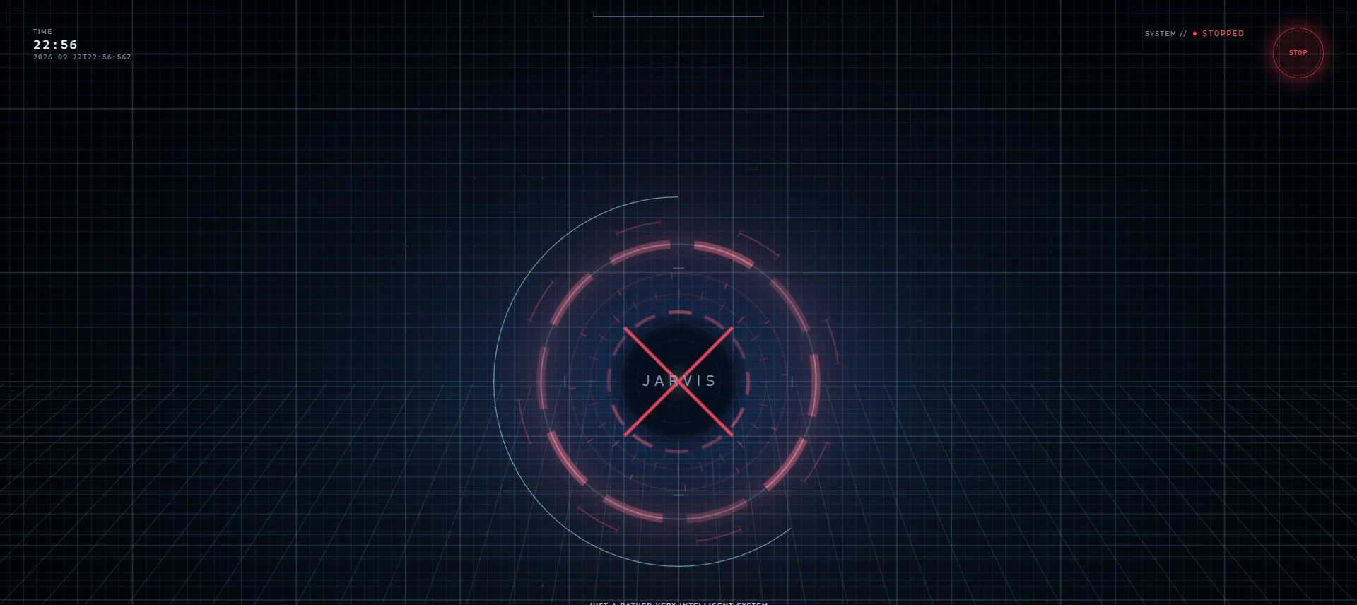 The HUD in the emergency-stop state: a red core ring crossed out, SYSTEM STOPPED, a glowing STOP control, presence reported estopped.