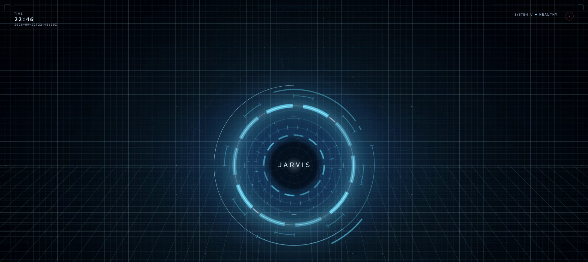 The idle JARVIS HUD: a segmented glowing core ring on a perspective grid, time at top left, SYSTEM HEALTHY at top right.