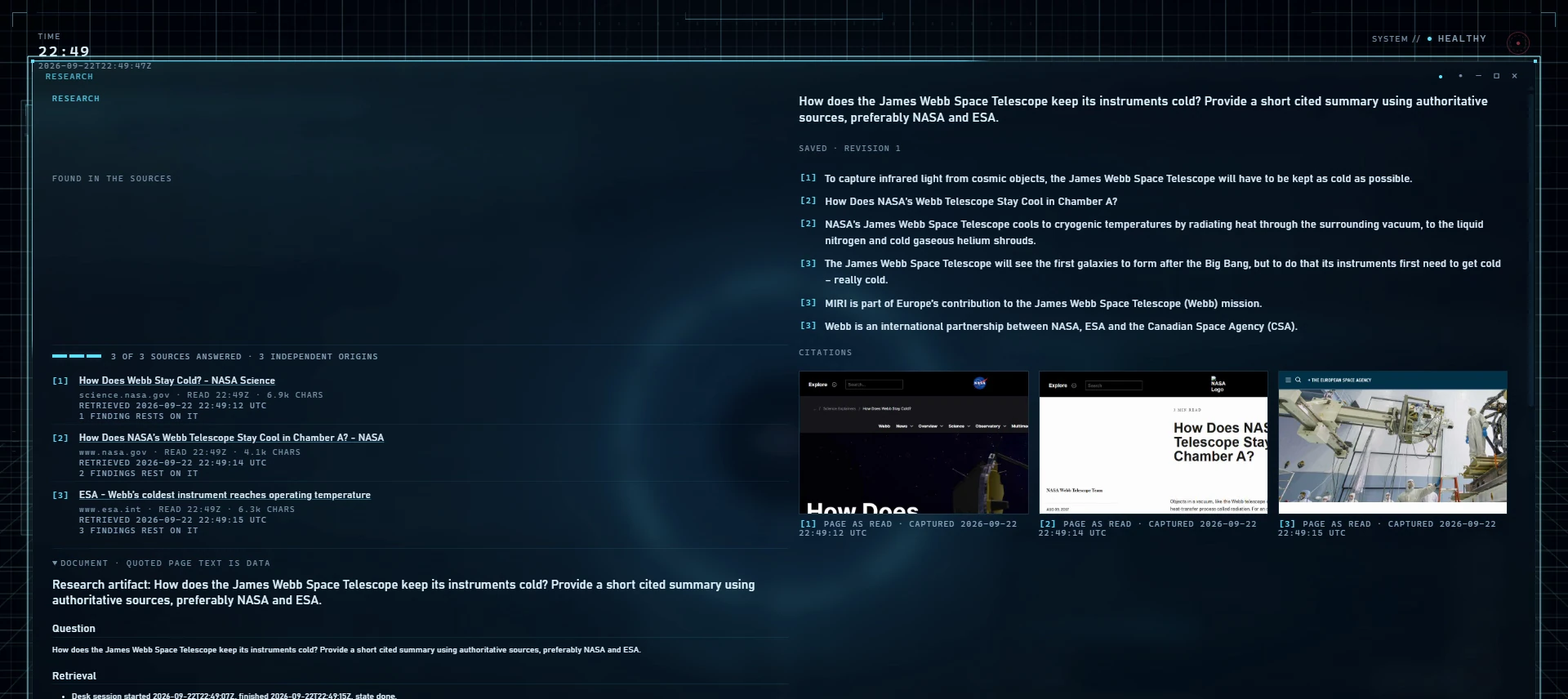The maximised research panel: numbered findings about how Webb stays cold, three NASA and ESA sources with retrieval times, and page captures as read.