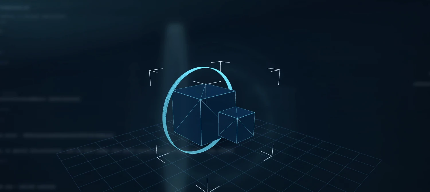 A 3D wireframe model of boxes and a ring on a grid, labelled twin/model.glb, 2,058 triangles.