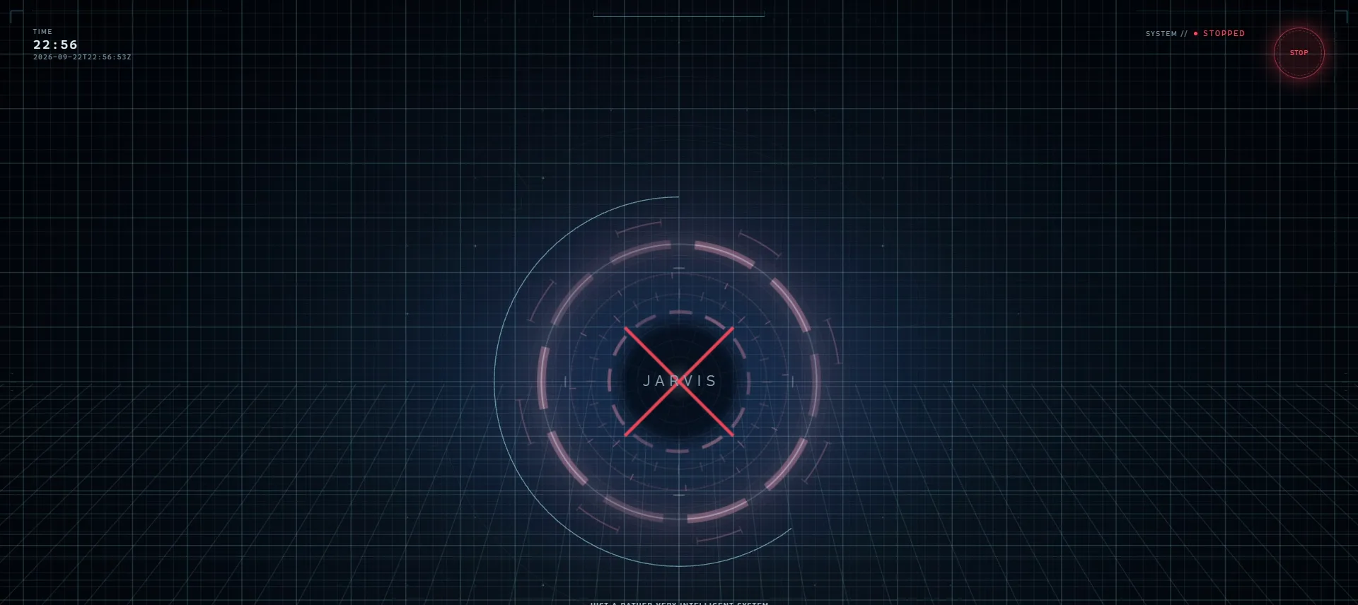 After a typed “Emergency stop.” the HUD core turns red with a cross, the top right reads SYSTEM STOPPED and a glowing STOP control appears; the system shuts down, restarts with an explicit re-arm, and the panels return with SYSTEM HEALTHY.